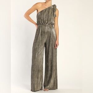 Lulus Disco Desires Shiny Silver and Gold Plisse One-Shoulder Jumpsuit